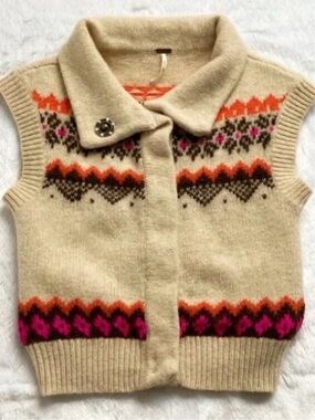Free People Cream Wool Fair Isle Vest with Pink and Orange Accents